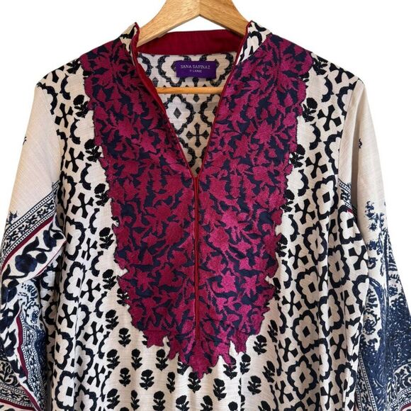 Sana Safinaz Embroidered Cream, Blue and Fuchsia Long Sleeve Kurta Tunic Top XL - Picture 2 of 5